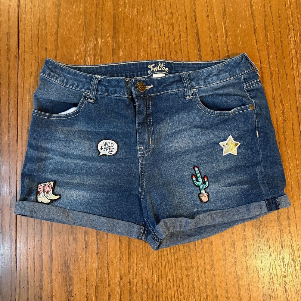 Justice Girls 16 Plus Denim Jean Shorts Western Patches Cactus Boots Cuffed